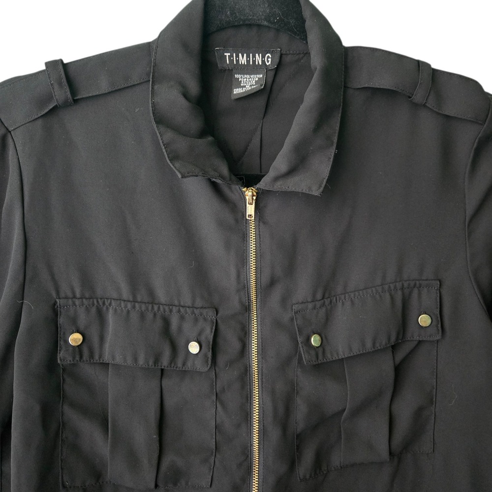 Timing Womens Black Zip Front Utility Moto‎ Goth Blouse Roll Tab Sleeve Medium